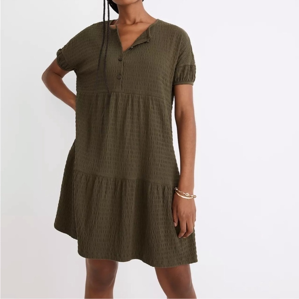 Madewell resourced crinkle knit tiered mini dress dried olive green